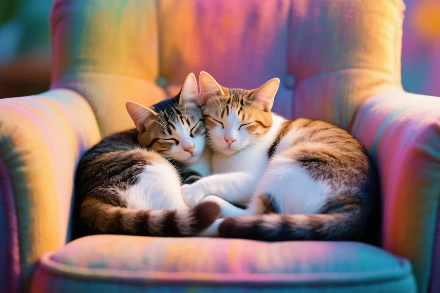 Twee katten slapen samen opgekruld op een pluche fauteuil in zacht licht met roze, gele en blauwe pasteltinten.