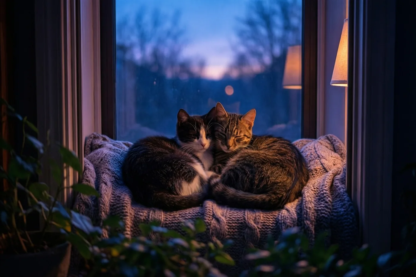 Twee katten liggen samen opgekruld op een gebreide deken op een vensterbank, met warm binnenlicht en koelblauw schemerlicht buiten.