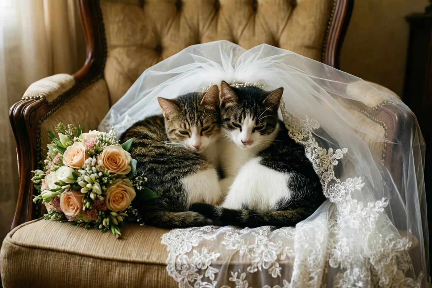Twee katten liggen samen opgekruld op een kanten bruidssluier over een fauteuil naast een boeket, in een warm verlichte kamer in vintagestijl met beige en crèmetinten.