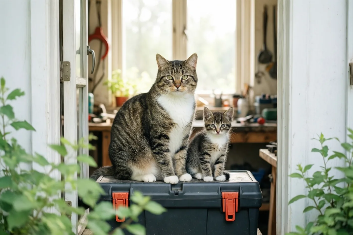 Een grote gestreepte kater en een kleiner gestreept katje zitten op een zwarte gereedschapskist met oranje sluitingen in een zonnige werkplaats met houten werkbanken en gereedschap.