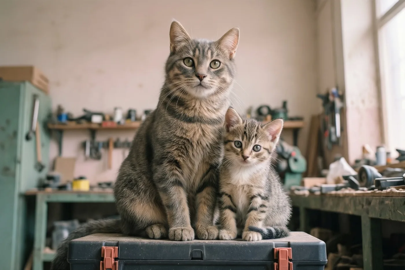 Een grote gestreepte kater en een kleiner gestreept katje zitten naast elkaar op een zwarte gereedschapskist in een werkplaats met warm natuurlijk licht.