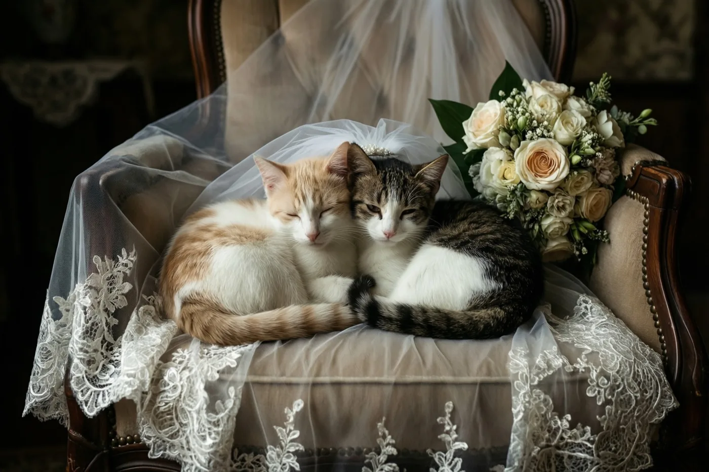 Twee katten liggen samen opgekruld op een fauteuil met een kanten bruidssluier en een boeket witte en crèmekleurige rozen in een zacht verlicht interieur.