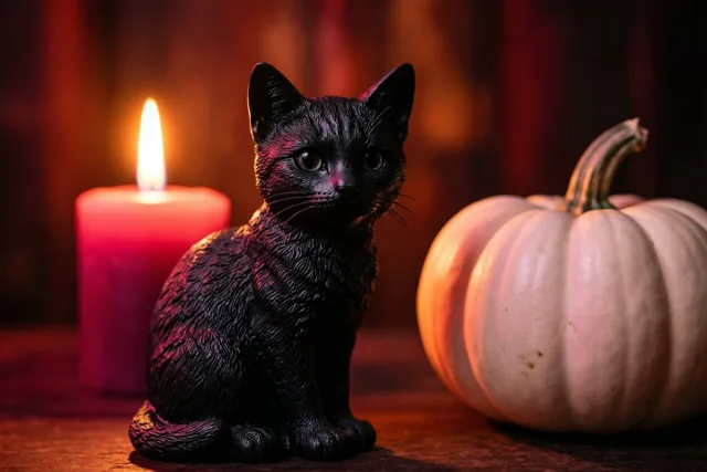 Een kat, kaarslicht en Halloween