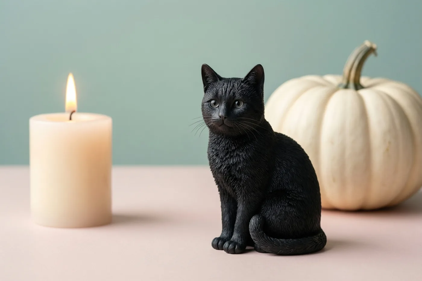 Een zwart kattenbeeldje staat op een lichtroze ondergrond naast een brandende witte kaars en een witte pompoen tegen een gedempt blauwgroene achtergrond.