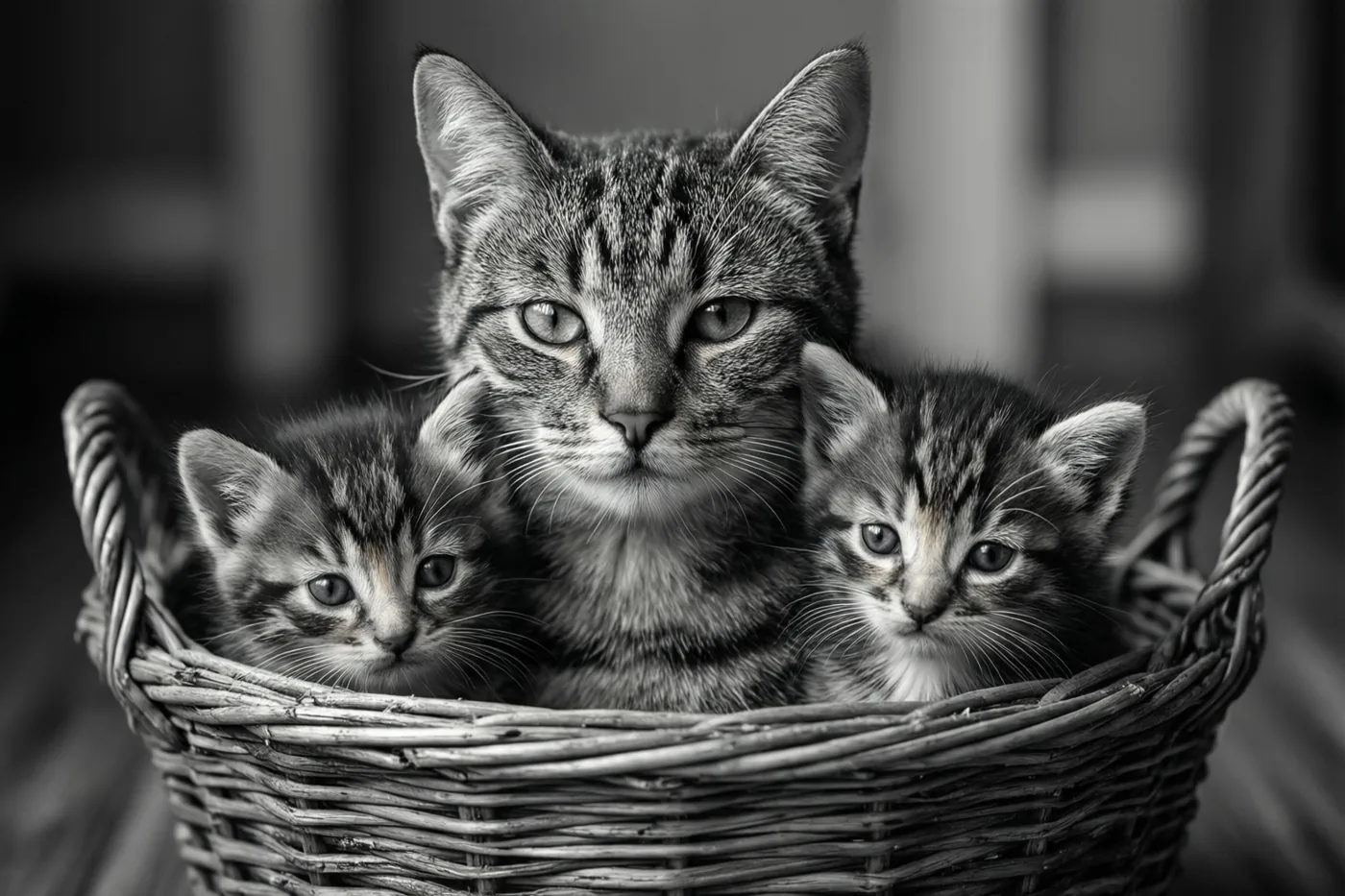 Een moederkat en twee kittens zitten dicht bij elkaar in een rieten mand en kijken naar de camera op een zwart-witfoto.