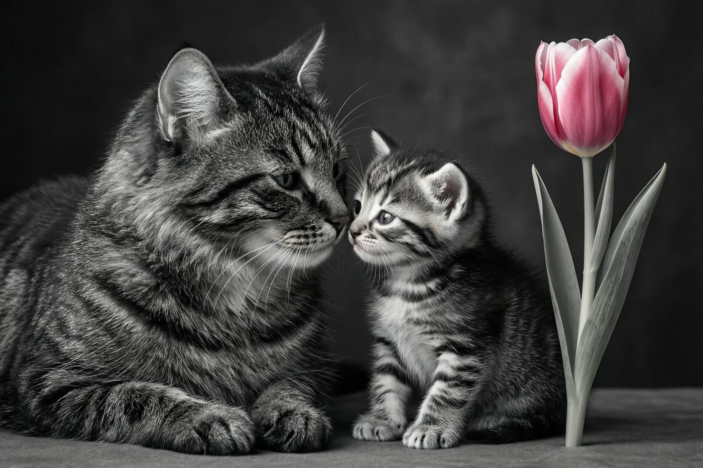 Een moederkat en haar kitten staan neus aan neus naast een roze tulp tegen een donkere achtergrond, waarbij alleen de tulp kleur heeft.