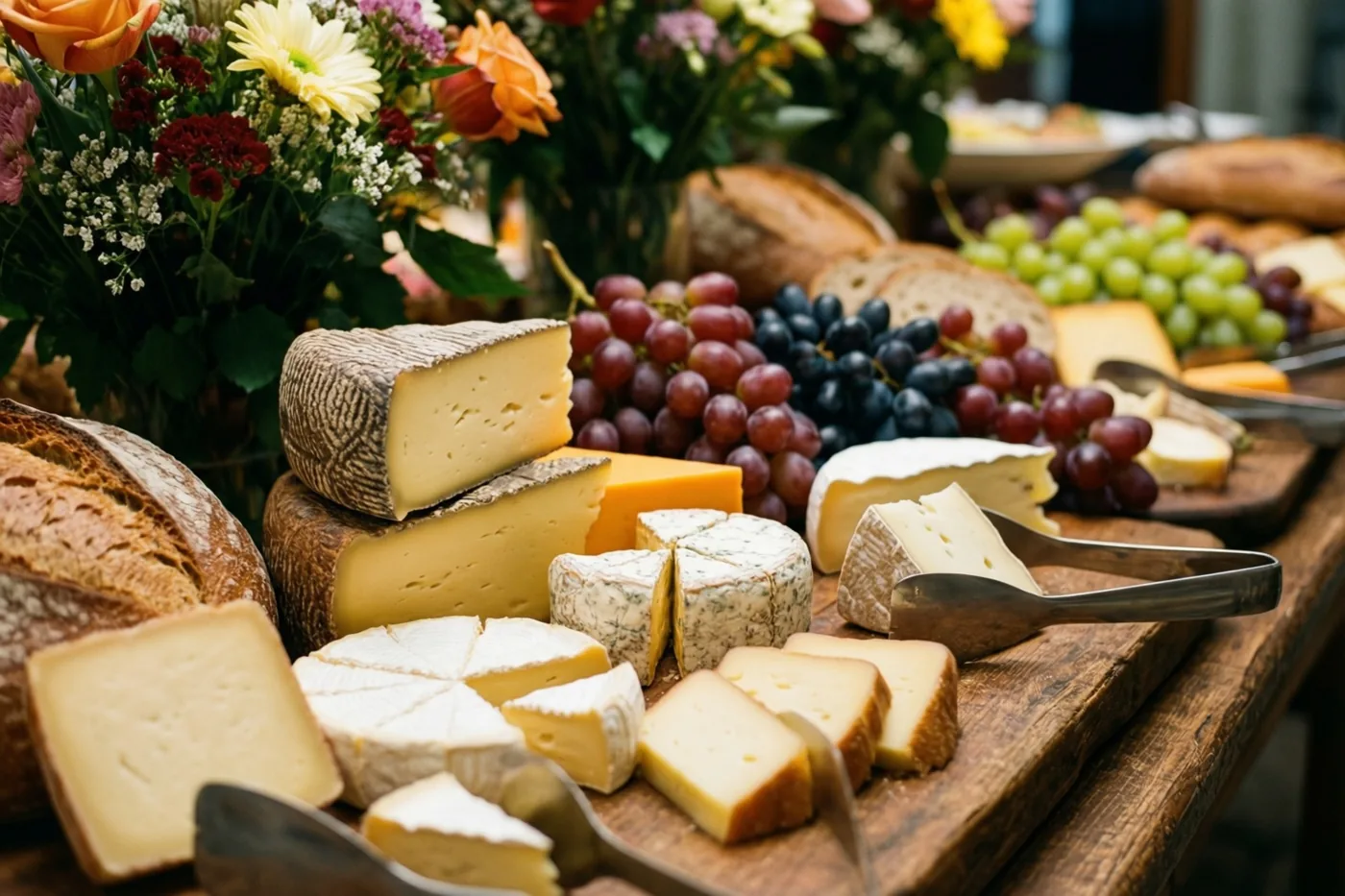 Een rustieke houten tafel staat vol kazen, sneetjes brood, rode en groene druiventrossen en kleurrijke bloemstukken in warm licht.