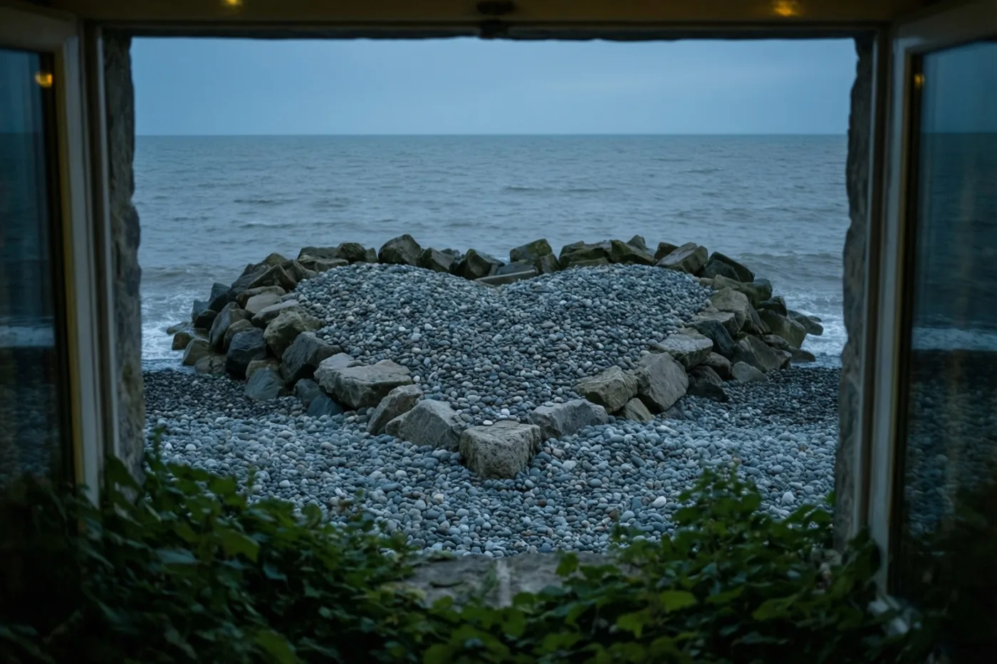 Door een raam met groen onderaan is een hart van keien op een stenen golfbreker te zien, met een grijze zee onder een bewolkte hemel.