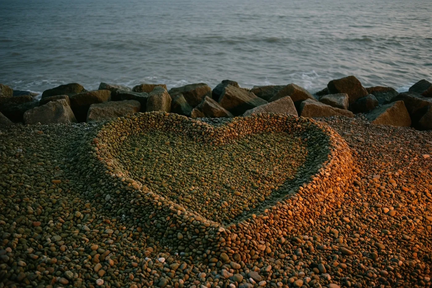 Een hart van keien ligt op een kiezelstrand voor een stenen golfbreker, met een grijze zee op de achtergrond in warm goudkleurig licht.