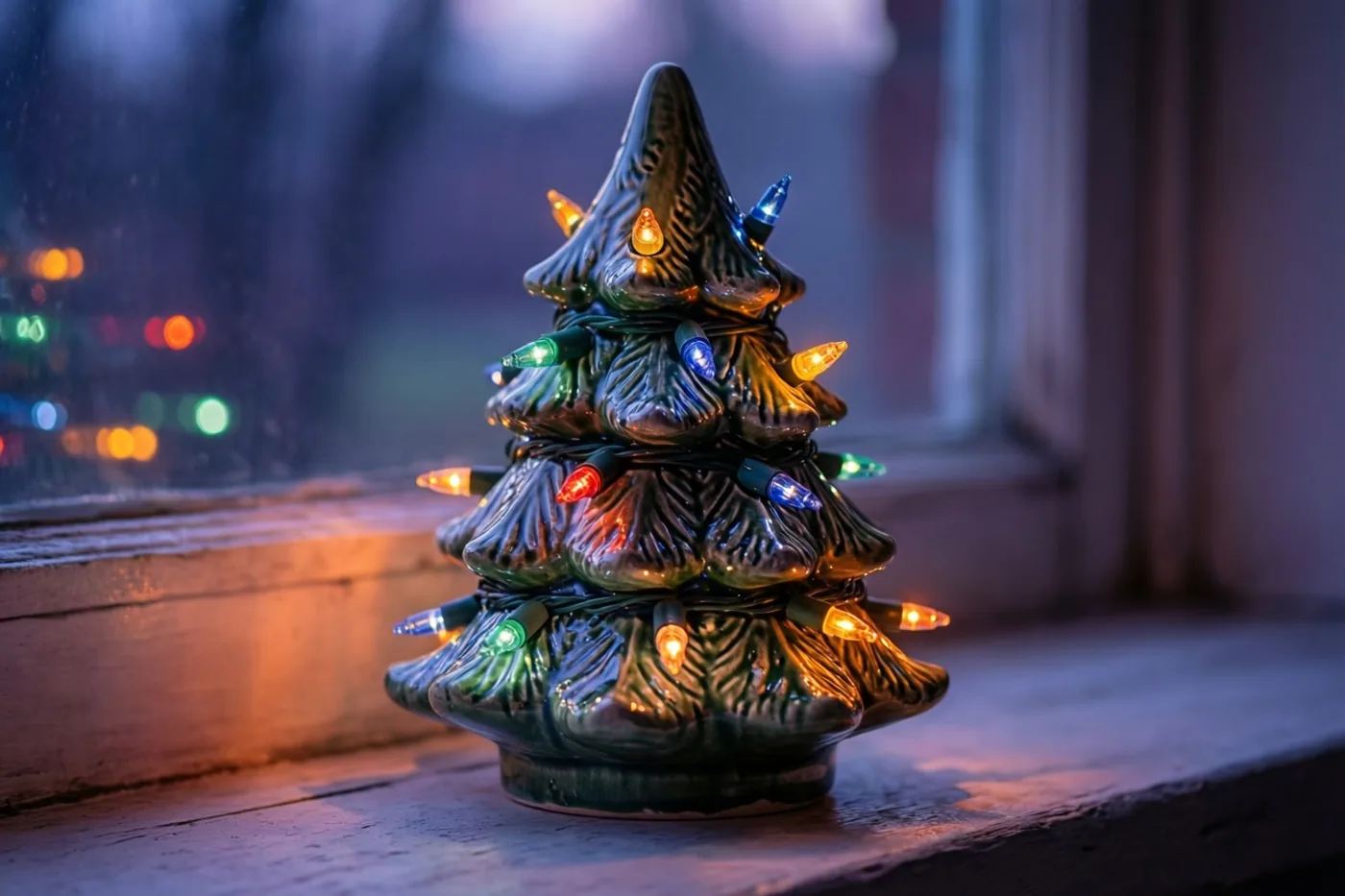 Een klein keramieken kerstboompje met brandende veelkleurige lichtjes staat op een houten vensterbank, met onscherpe feestlichtjes zichtbaar door het raam.