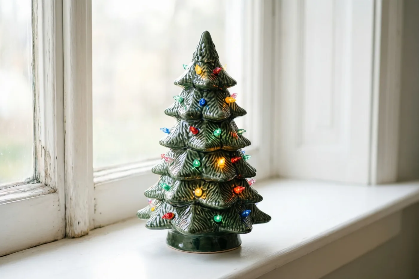 Een keramieken kerstboompje met brandende gekleurde lichtjes staat op een witte vensterbank in zacht daglicht.