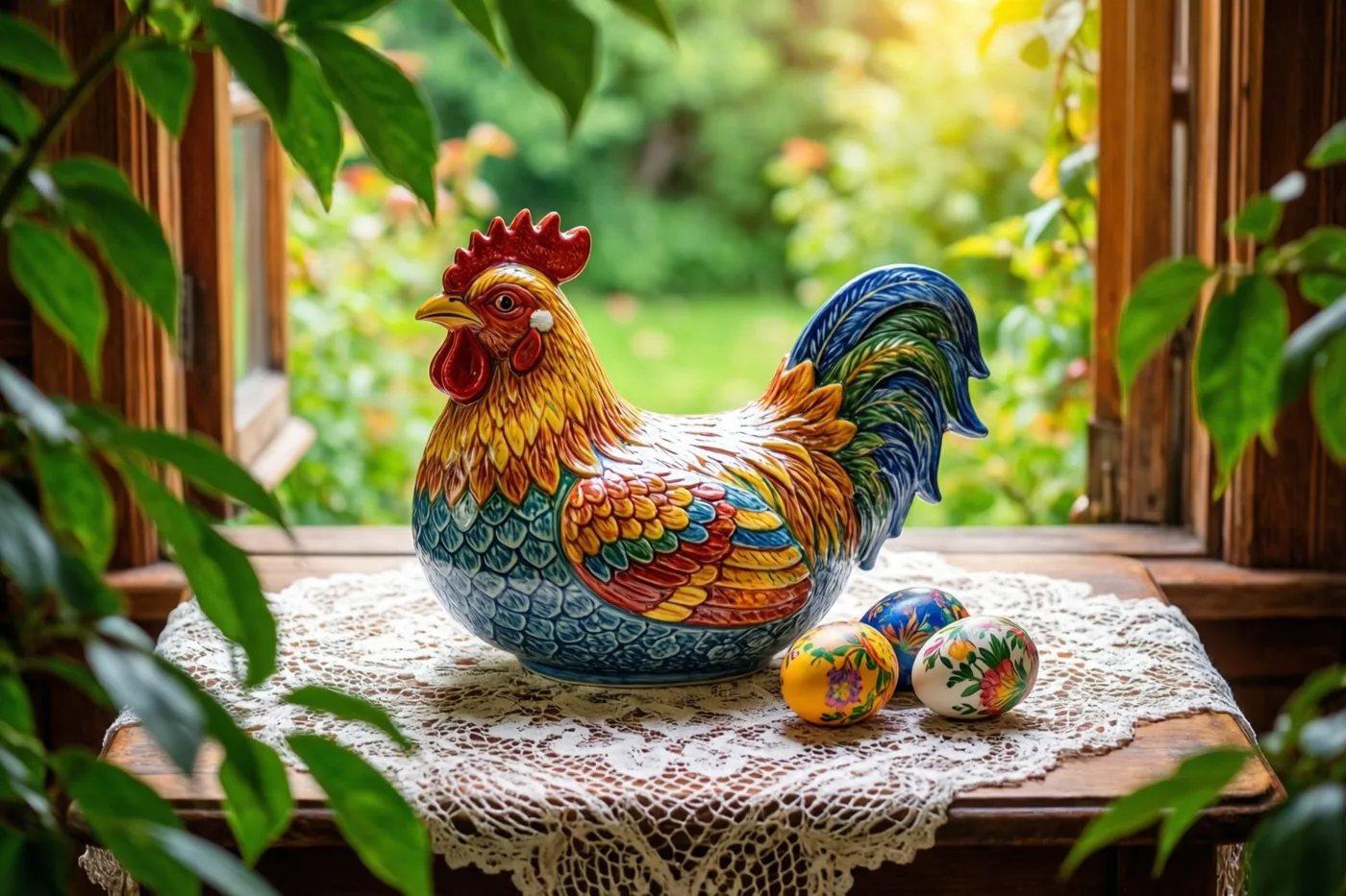 Een kleurrijke keramieken eierschaal in de vorm van een haan staat met drie beschilderde paaseieren op een kanten kleedje op een houten vensterbank, met groen eromheen en een onscherpe tuin achter het raam.