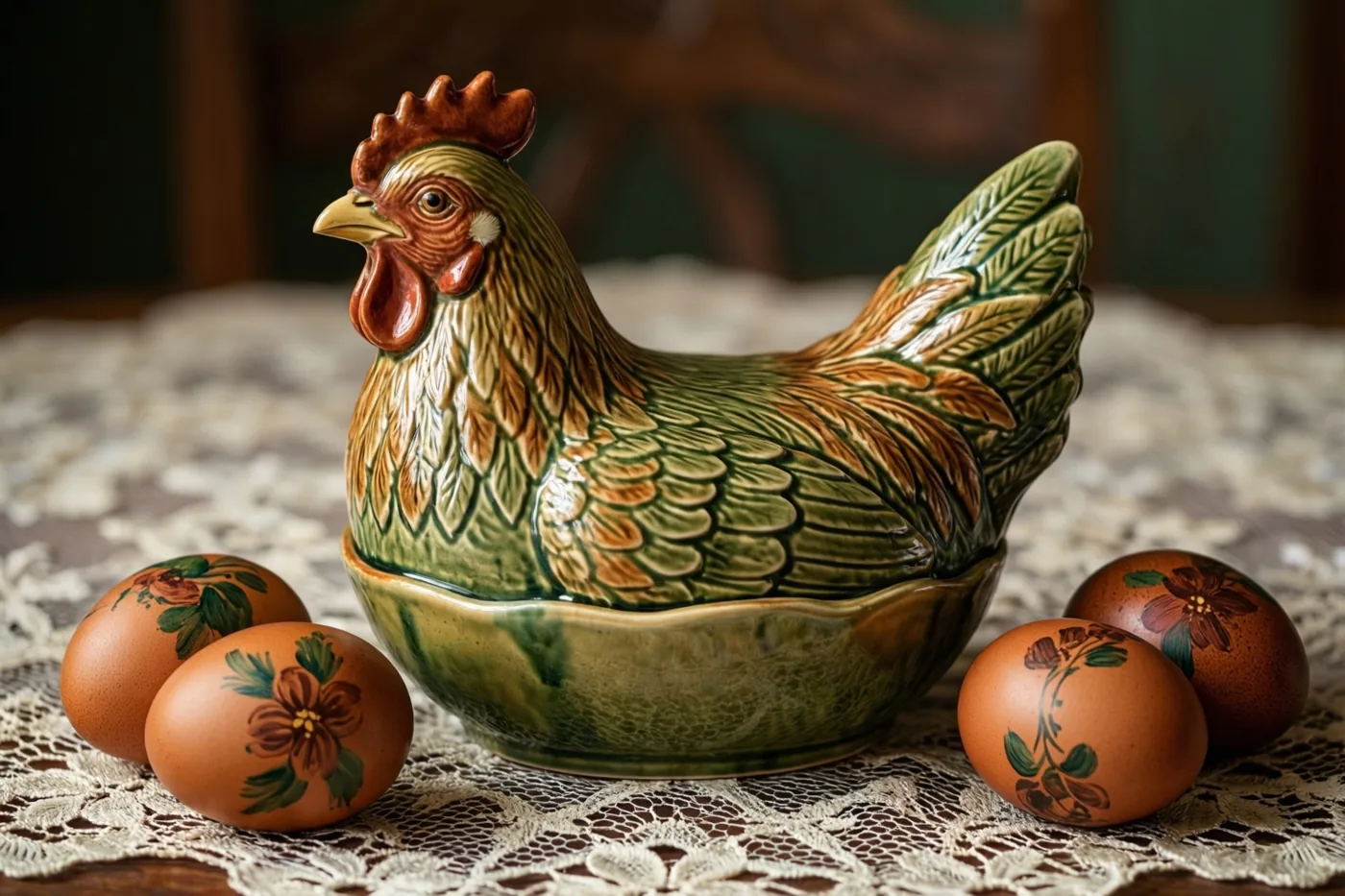 Een keramieken eierschaal in de vorm van een hen staat op een wit kanten tafelkleed tussen vier bruine eieren met bloemmotieven, in warme aardetinten.