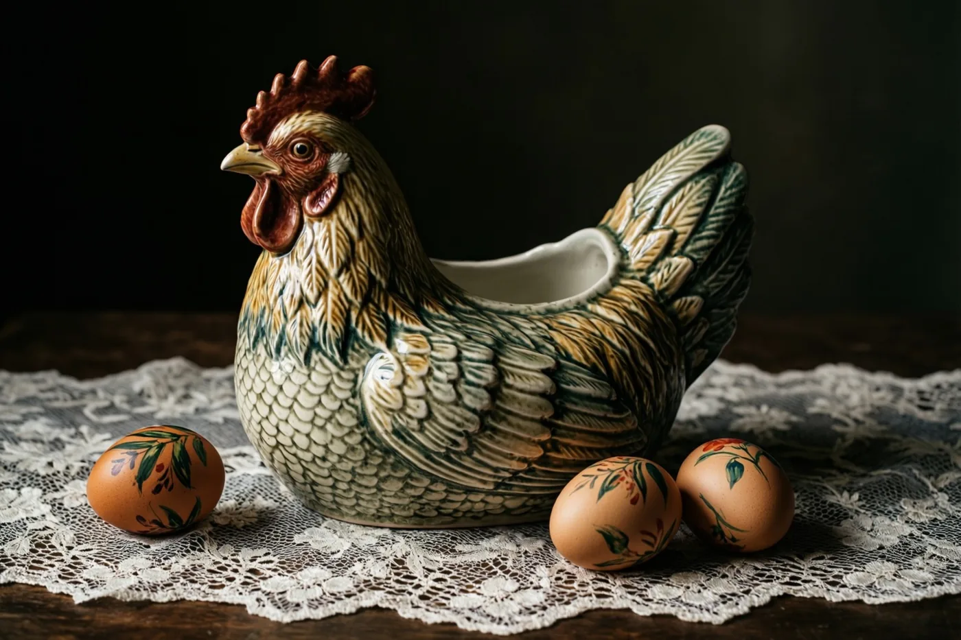 Een keramieken eierschaal in de vorm van een hen staat met drie handbeschilderde eieren op een wit kanten tafelkleed, in warm licht tegen een donkere achtergrond.