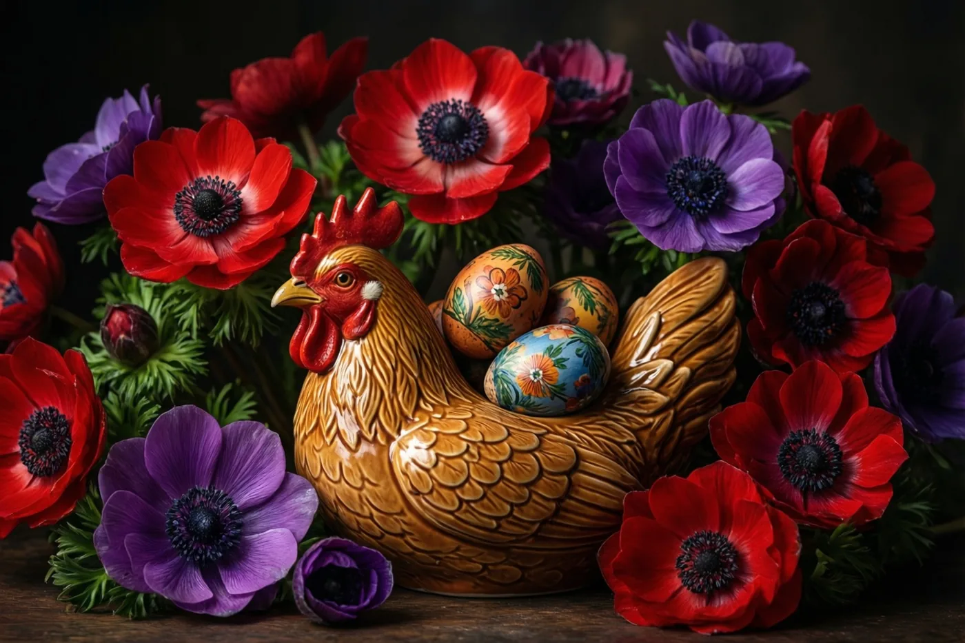 Een keramieken schaal in de vorm van een kip met drie beschilderde eieren is omringd door rode en paarse anemonen op een donkere houten ondergrond.