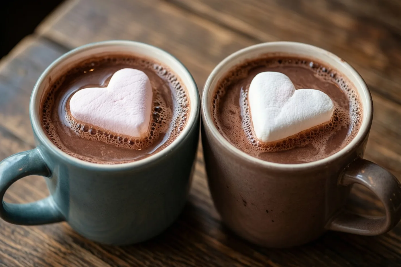 Twee keramieken mokken warme chocolademelk met elk een hartvormige marshmallow staan dicht bij elkaar op een houten tafel, in bruine, blauwgroene en witte tinten.