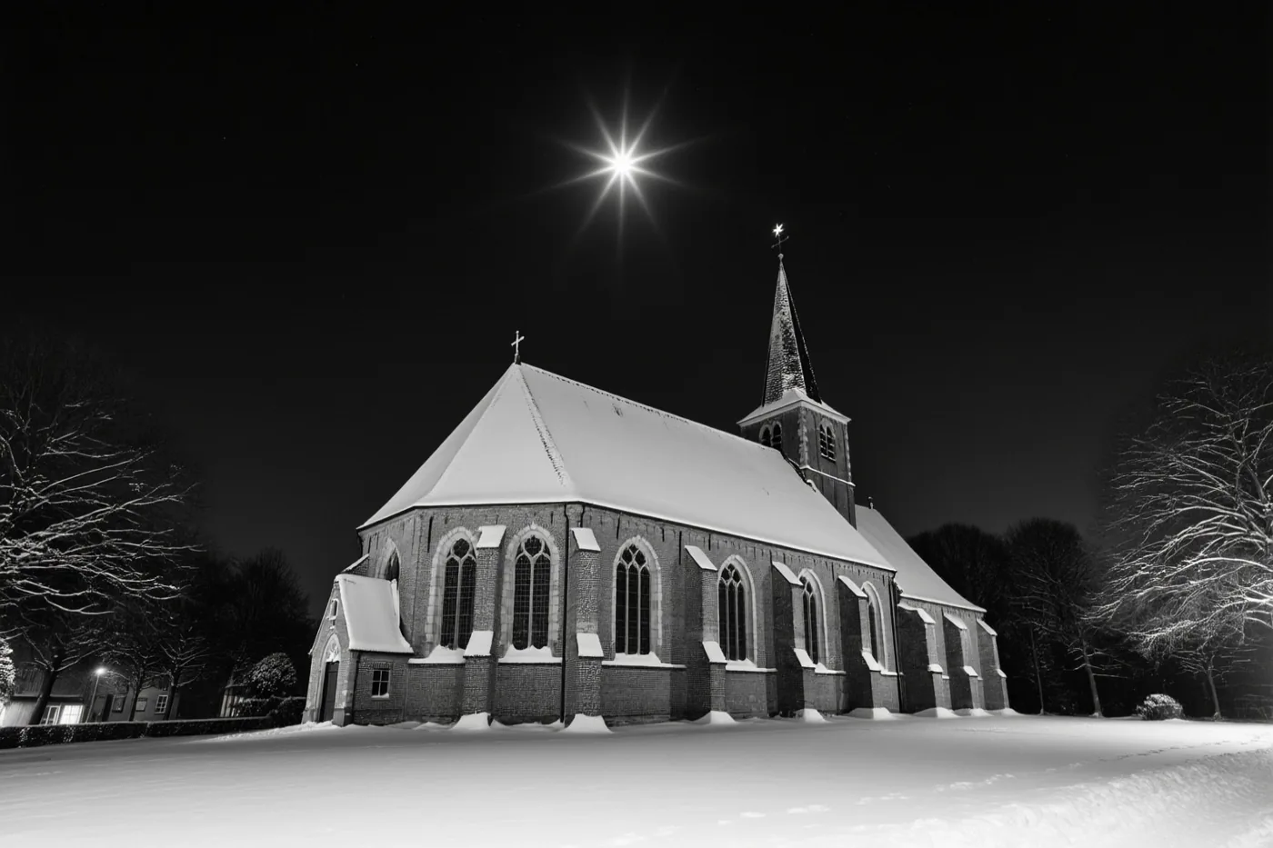 Een zwart-witbeeld toont een besneeuwde Vlaamse kerk met kale bomen in een winters landschap onder een heldere ster.