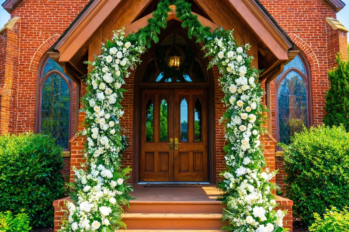 Hoge witte bloemstukken en groene slingers flankeren de houten dubbele deuren van een rode bakstenen kerk met gebogen glasramen in helder daglicht.
