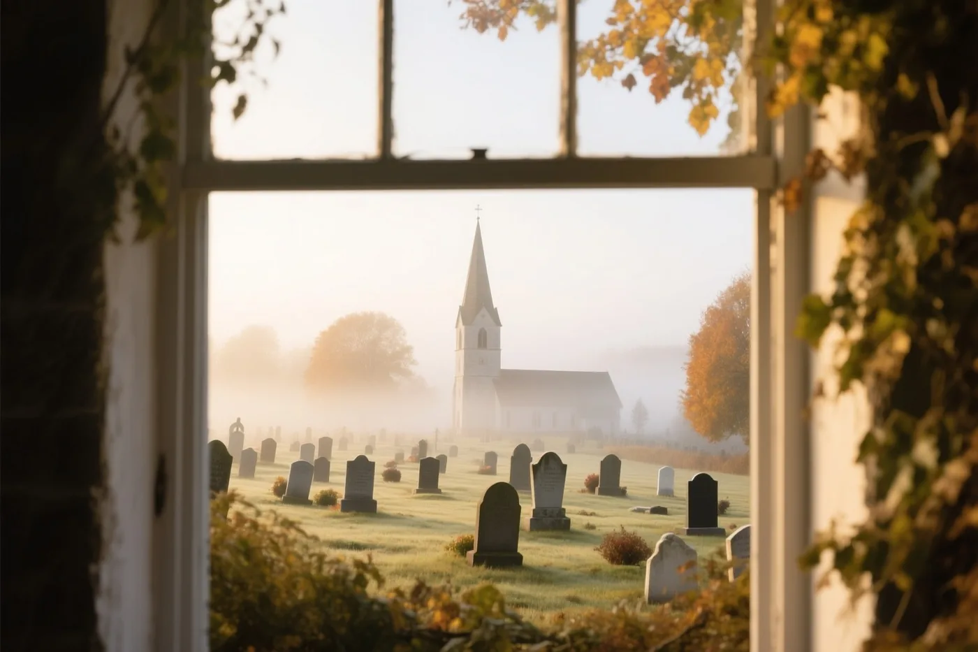 Door een raamkozijn is een dorpskerkhof met vele grafstenen in de herfstmist te zien, met een kerktoren in de verte en zacht gouden licht.