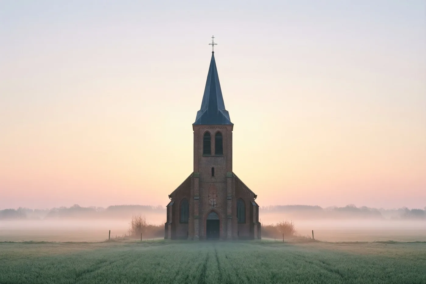 Een bakstenen dorpskerktoren steekt boven de ochtendmist over vlakke groene velden uit, in het zachte roze en oranje licht van de opkomende zon.