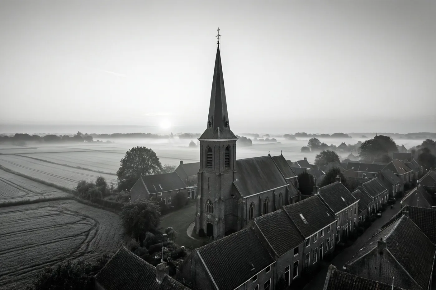 Een luchtfoto in zwart-wit toont een hoge bakstenen kerktoren boven een dorp in de ochtendmist, met vlakke akkers tot in de verte en een opkomende zon aan een bleke hemel.
