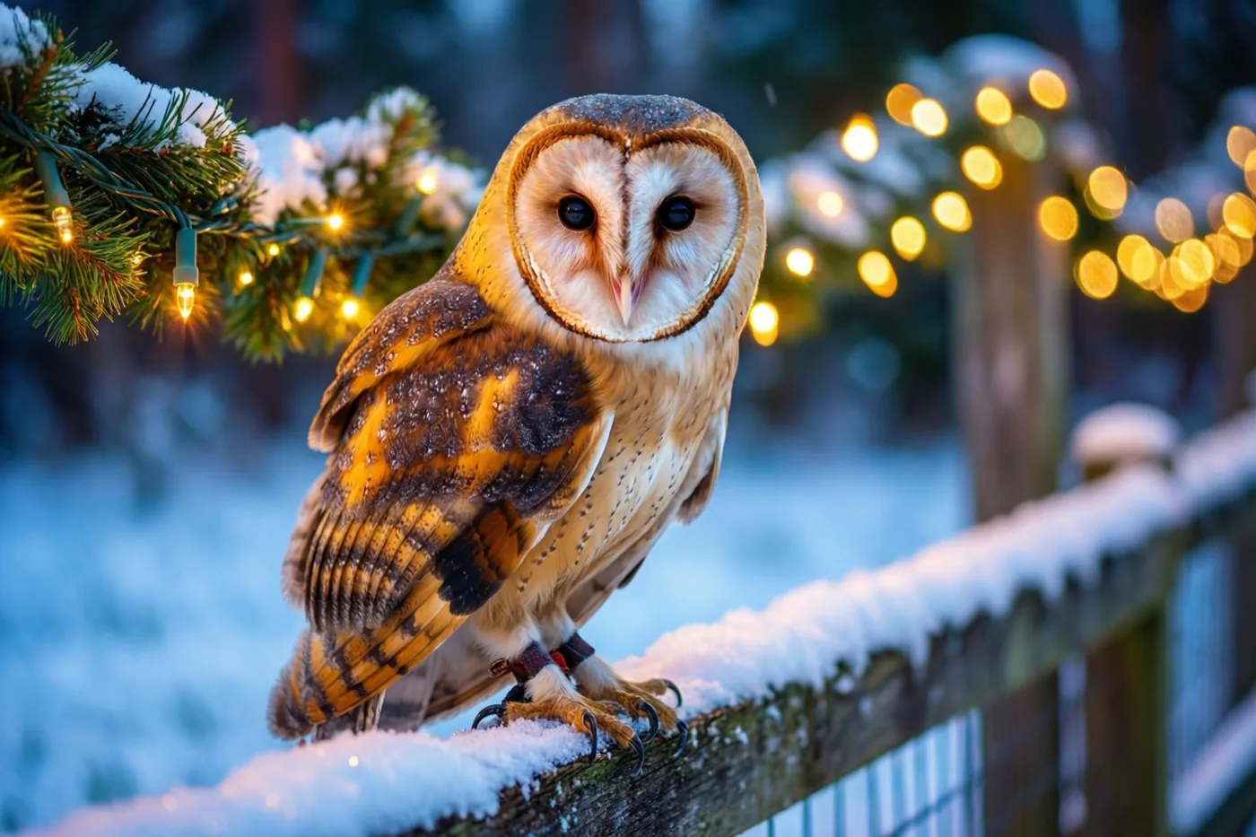 Een kerkuil zit op een besneeuwde houten weidepaal, met op de achtergrond een besneeuwde dennentak waarover een brandende lichtjesslinger hangt.