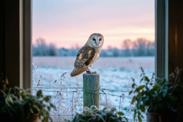 Een winterraam met een kerkuil