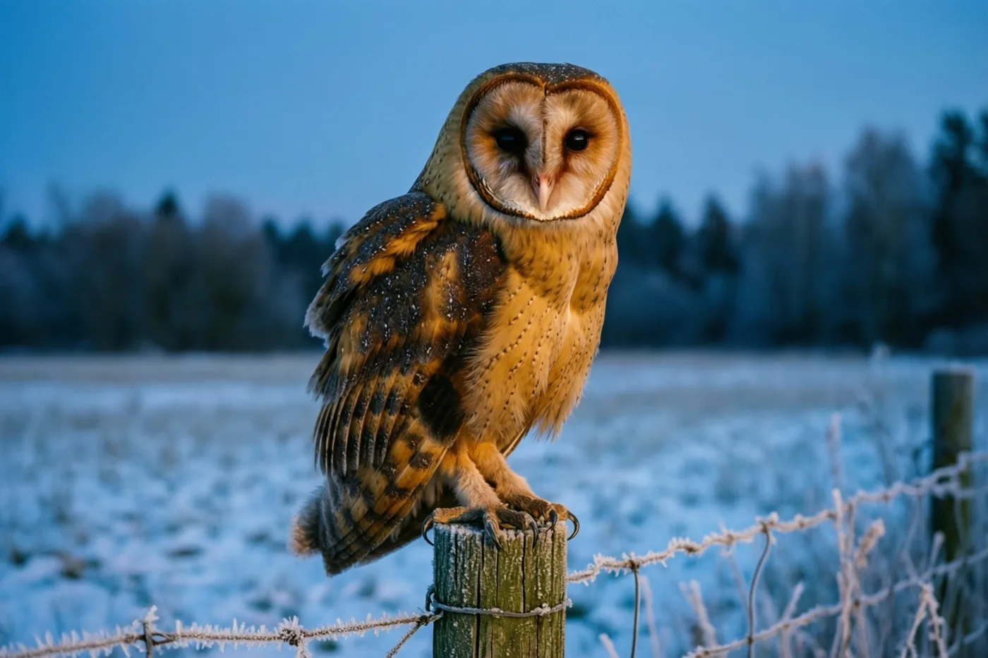 Een kerkuil met bruine en witte veren zit bij dageraad op een berijpte houten weidepaal in een besneeuwd veld met koele blauwe tinten.