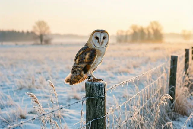 Gouden winterlicht voor de kerkuil