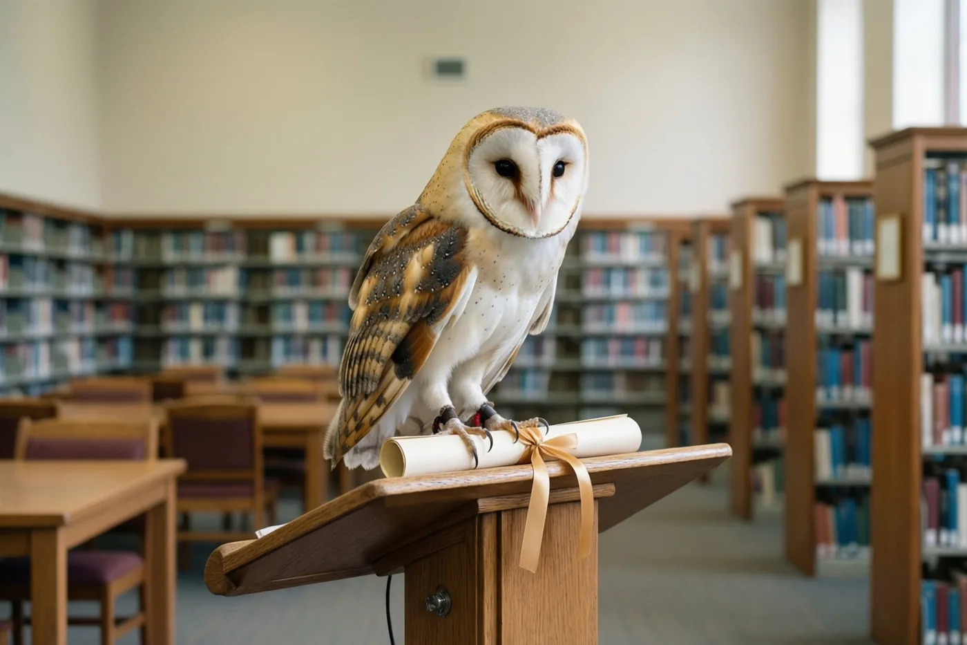 Een kerkuil zit op een opgerold diploma met een lint op een houten lessenaar in een bibliotheek, in warme houttinten, zacht wit en gedempt bruin.