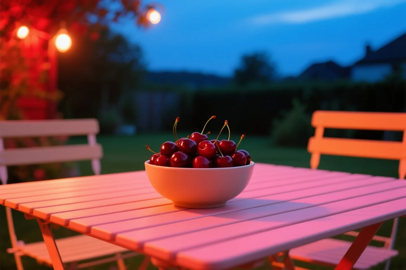 Een witte kom rode kersen staat op een roze houten tuintafel bij schemering, onder warme lichtslingers en een diepblauwe hemel.