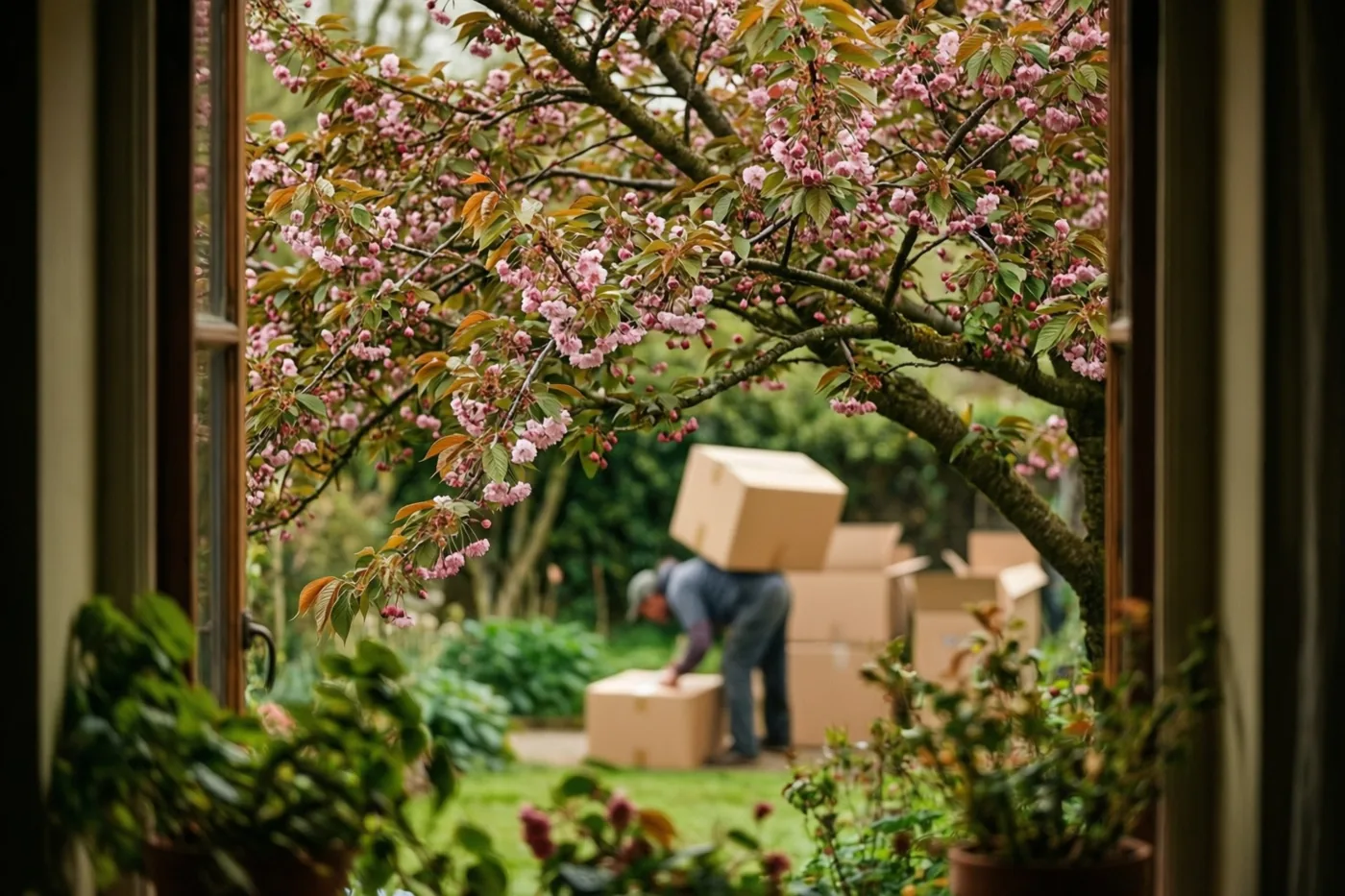 Door een raam met kamerplanten is een kersenboom vol roze bloesems te zien boven een tuin waar iemand kartonnen dozen verplaatst.