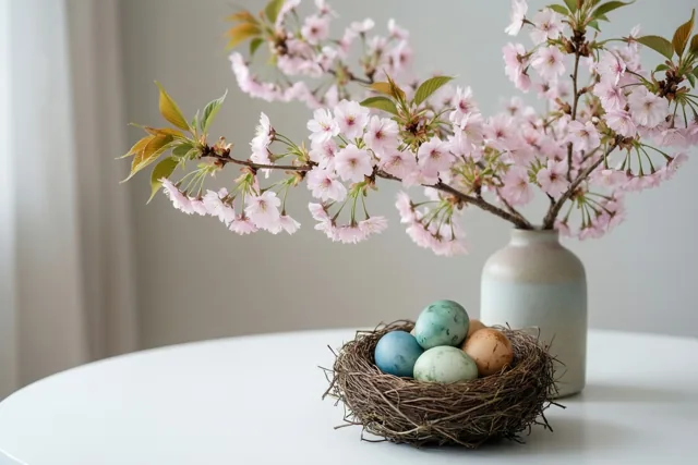 Een nestje paaswensen tussen bloesems
