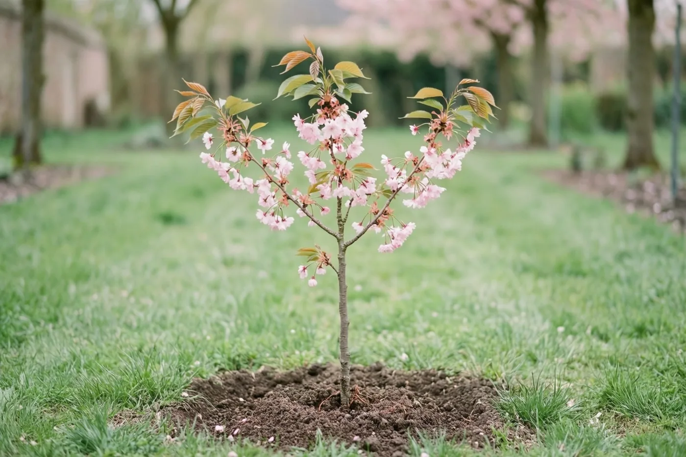 Een jonge kersenboom met roze bloesems en frisgroene bladeren staat in omgespitte aarde in een zacht verlichte tuin met gras.