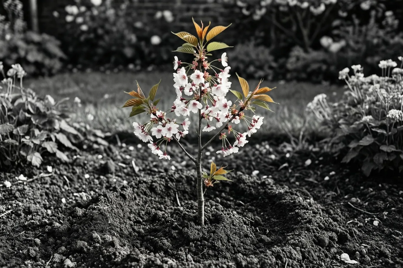 Een jonge kersenboom met witte bloesems en fris blad staat in omgewoelde tuinaarde, met de bloemen en bladeren in kleur tegen een omgeving in zwart-wit.