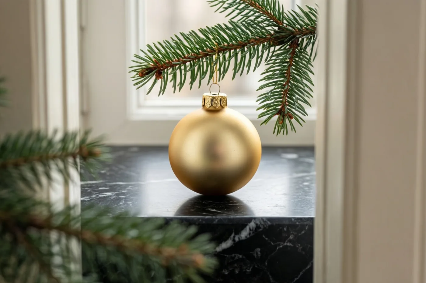 Een gouden kerstbal ligt in zacht licht op zwart marmer, gedeeltelijk omlijst door een groen dennentakje.
