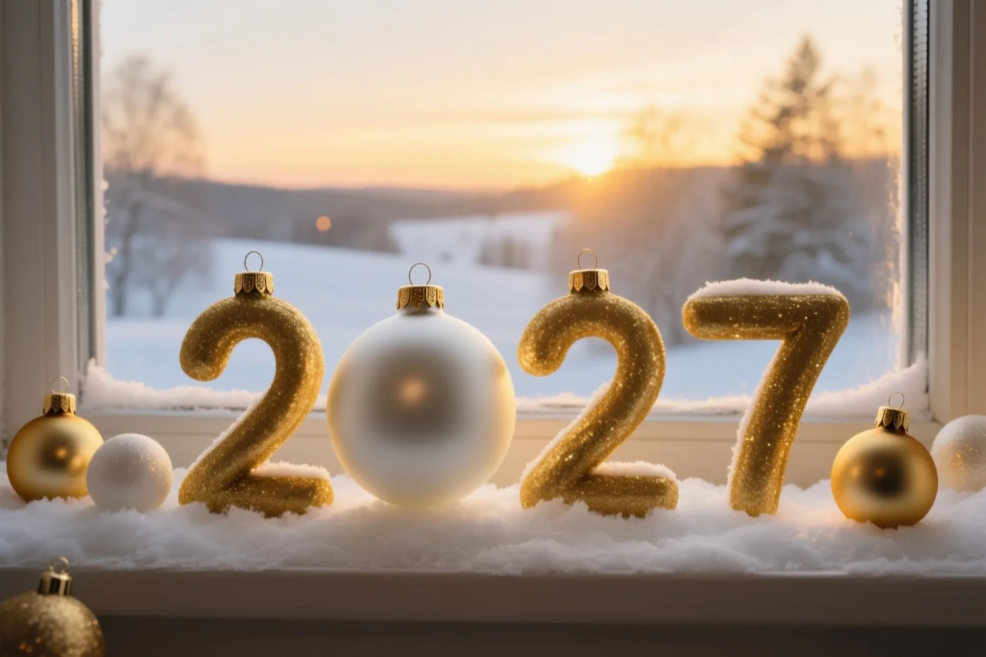 Gouden en witte kerstballen vormen 2027 op een besneeuwde vensterbank, met door het raam een sneeuwlandschap in het warme oranje licht van de ondergaande zon.