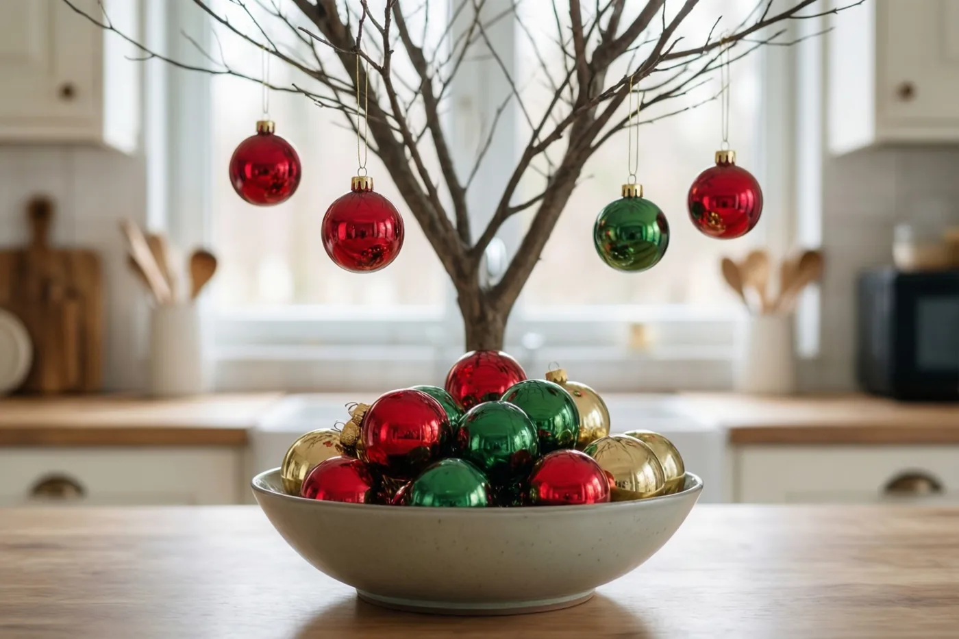 Een schaal met rode, groene en gouden glazen kerstballen staat op een houten keukenwerkblad, met daarachter een kale boom met enkele ballen aan de takken.