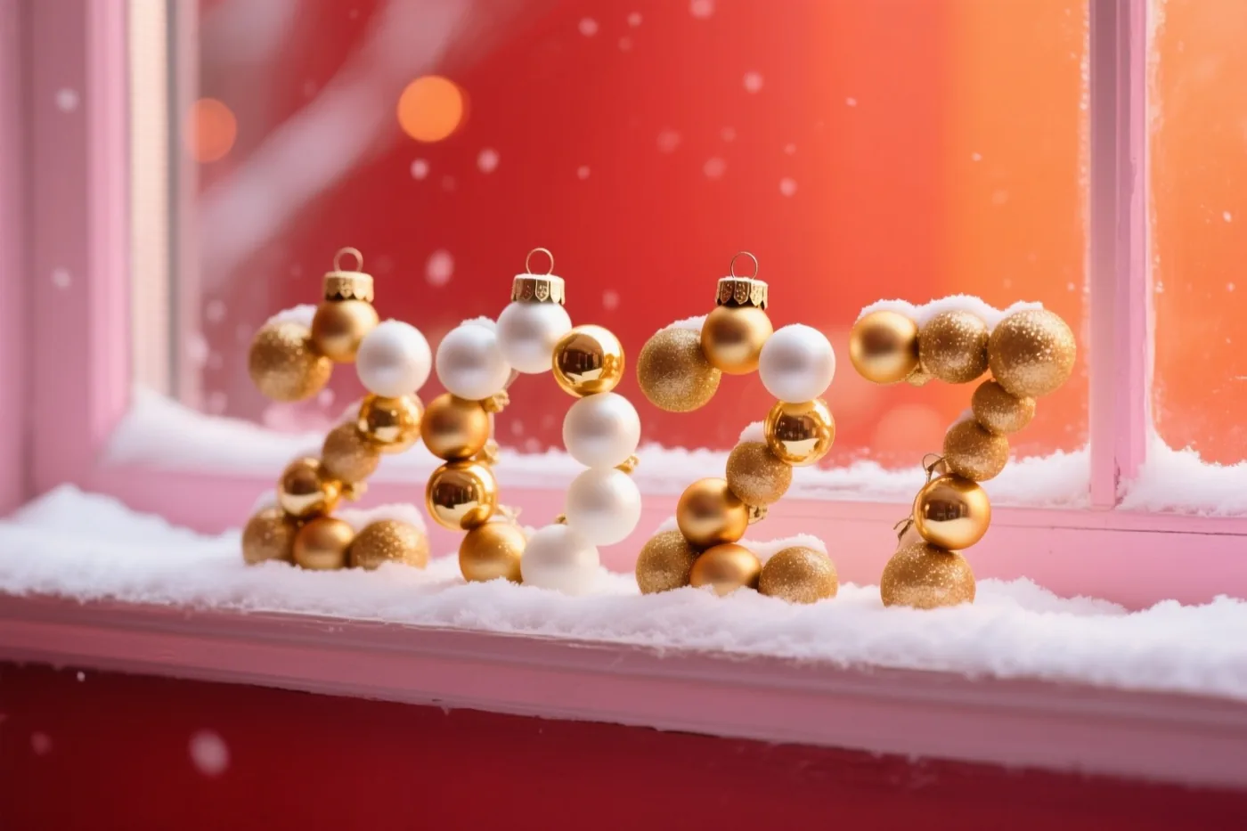 Gouden en witte kerstballen vormen 2027 op een besneeuwde vensterbank met roze raamkozijnen, vallende sneeuw en een warme onscherpe achtergrond.