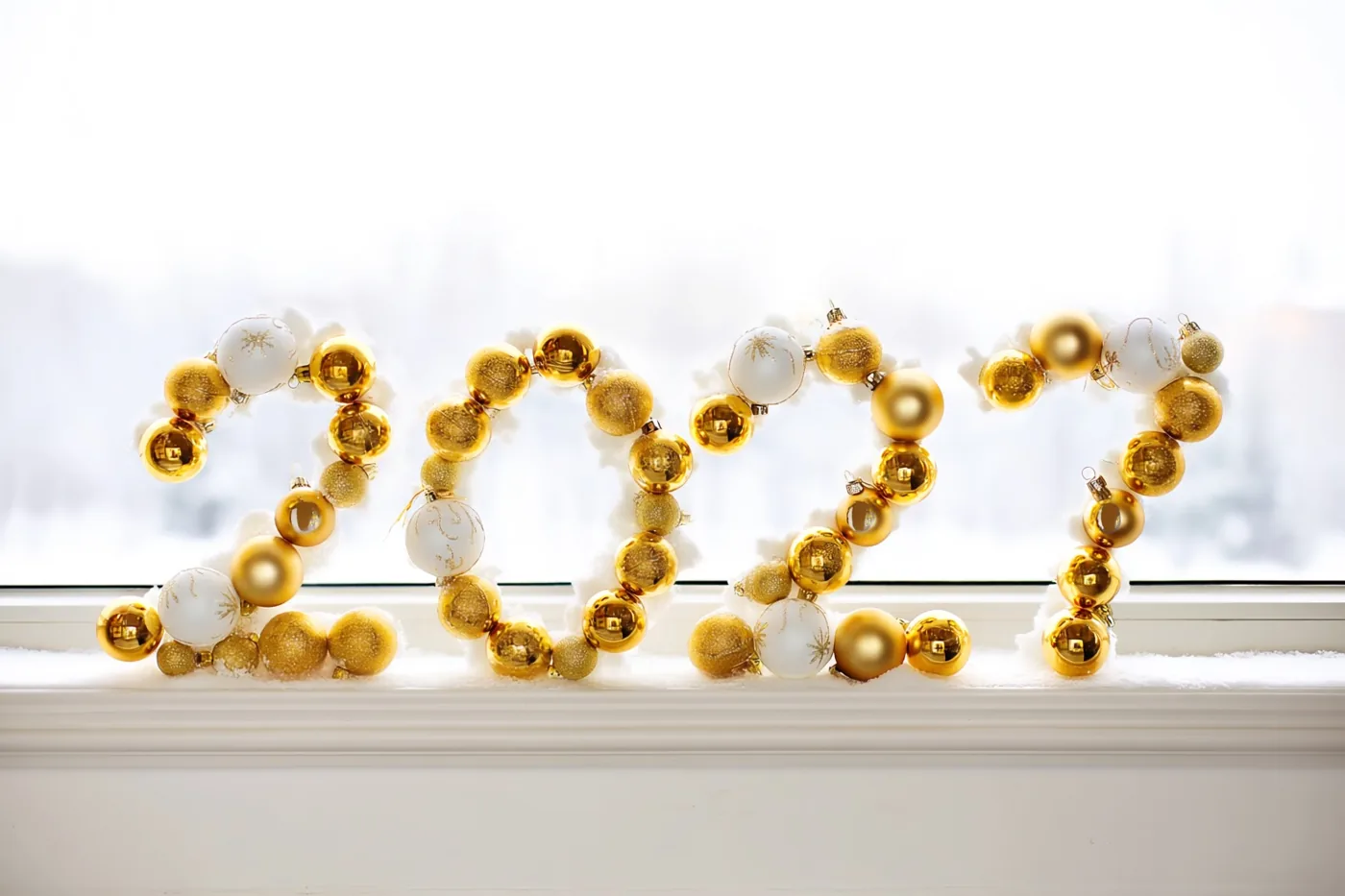 Gouden en witte kerstballen vormen 2027 op een besneeuwde vensterbank tegen een heldere witte achtergrond.
