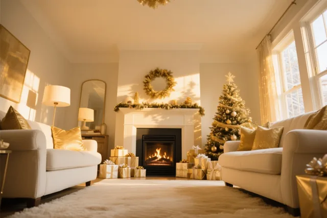 Een brandende open haard en een versierde kerstboom met ingepakte cadeaus staan in een woonkamer met warm goudkleurig licht.