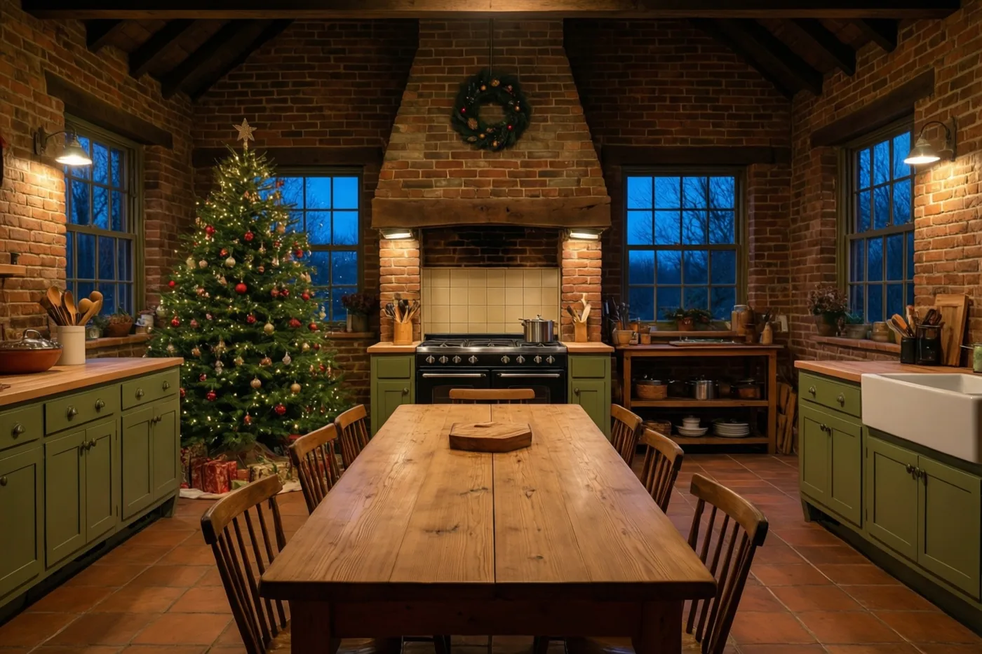Een lange houten eettafel staat midden in een boerenkeuken met groene kasten en rode bakstenen muren, naast een versierde kerstboom bij het raam.