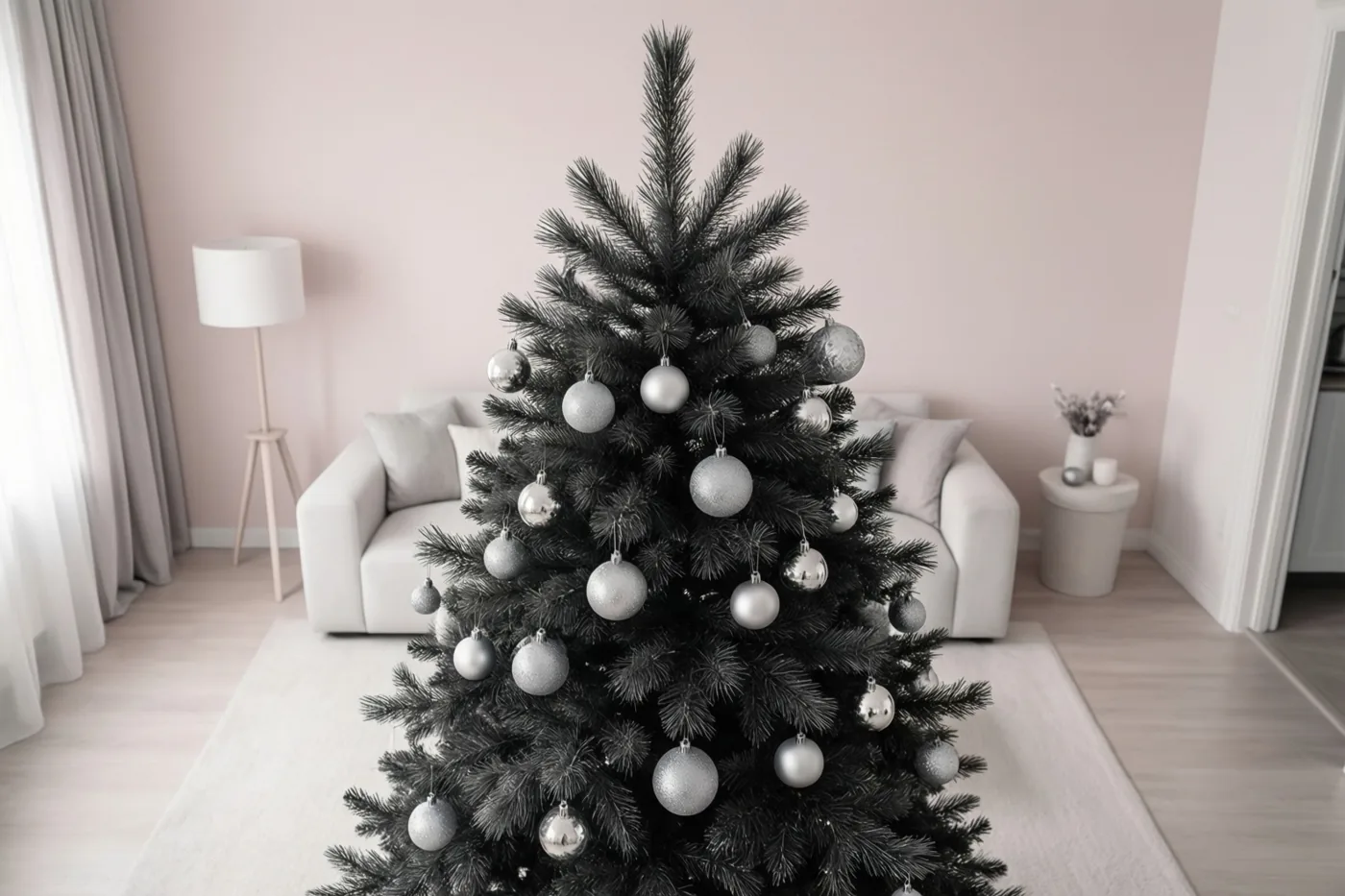 Een kerstboom in één kleurtoon met zilveren kerstballen staat midden in een minimalistische woonkamer met lichtroze muren, een witte zetel en meubels in neutrale tinten.