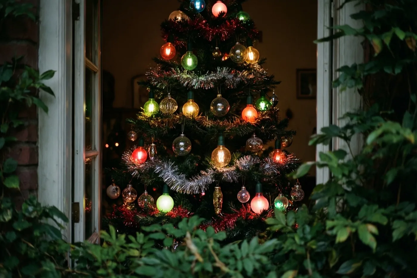 Door een open deuropening, omringd door groen, is een kerstboom te zien met glitterslingers, glazen kerstballen en grote gekleurde lampjes.