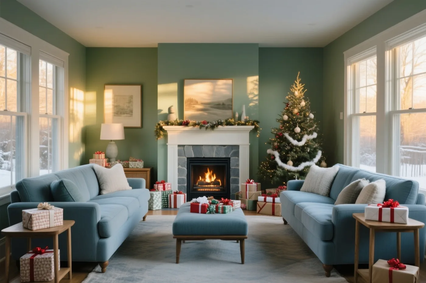 Een woonkamer met groene muren en blauwe meubels bevat een brandende open haard, een versierde kerstboom en ingepakte cadeaus.