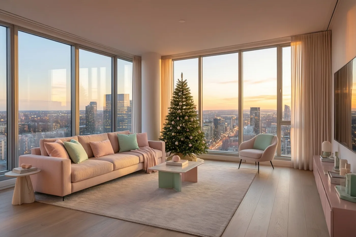 Een moderne woonkamer met pastelroze en groene meubels en een smalle versierde kerstboom kijkt door een kamerhoog raam uit op een stad bij zonsondergang.