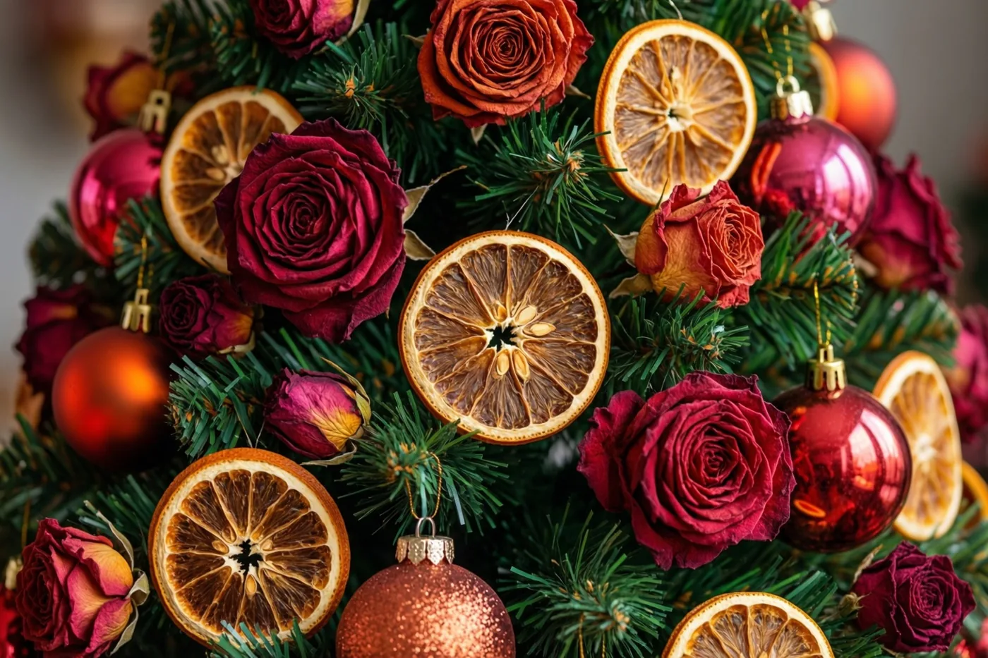 Een kerstboom is van dichtbij te zien met gedroogde sinaasappelschijfjes en rozen in dieprode en bordeauxrode tinten tussen het heldere groen.