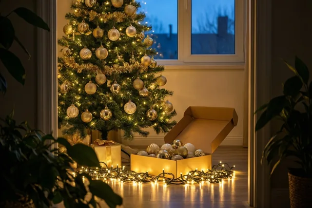 Een kerstboom met gouden en zilveren ballen en warme lichtjes staat naast een open kartonnen doos versiering en een verward lichtsnoer, bij een raam met avondlicht en groene planten.