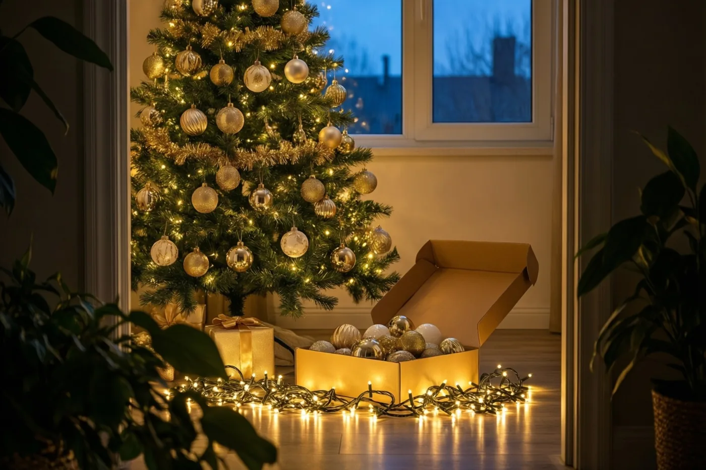 Een kerstboom met gouden en zilveren ballen en warme lichtjes staat naast een open kartonnen doos versiering en een verward lichtsnoer, bij een raam met avondlicht en groene planten.