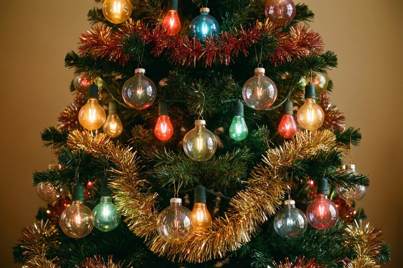 Een kerstboom met kleurrijke glazen kerstballen, lampjes in vintagestijl en rode en gouden glitterslingers is van dichtbij te zien tegen een warme beige achtergrond.